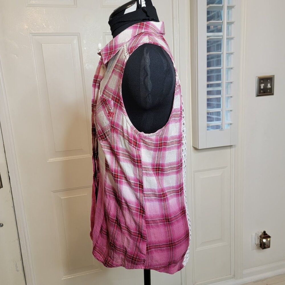 Miss Me Pink Plaid Sleeveless Shirt with Lace Back Size M – Western Boho Festiva - Picture 8 of 11